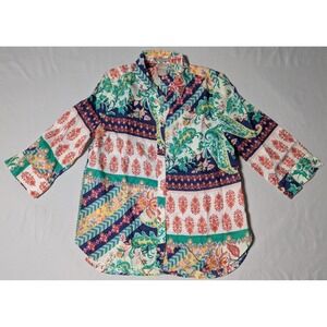 Chicos Linen Paisley 3/4 Sleeve Button Shirt - Women Size‎ 1 US M/8-10 EUC
